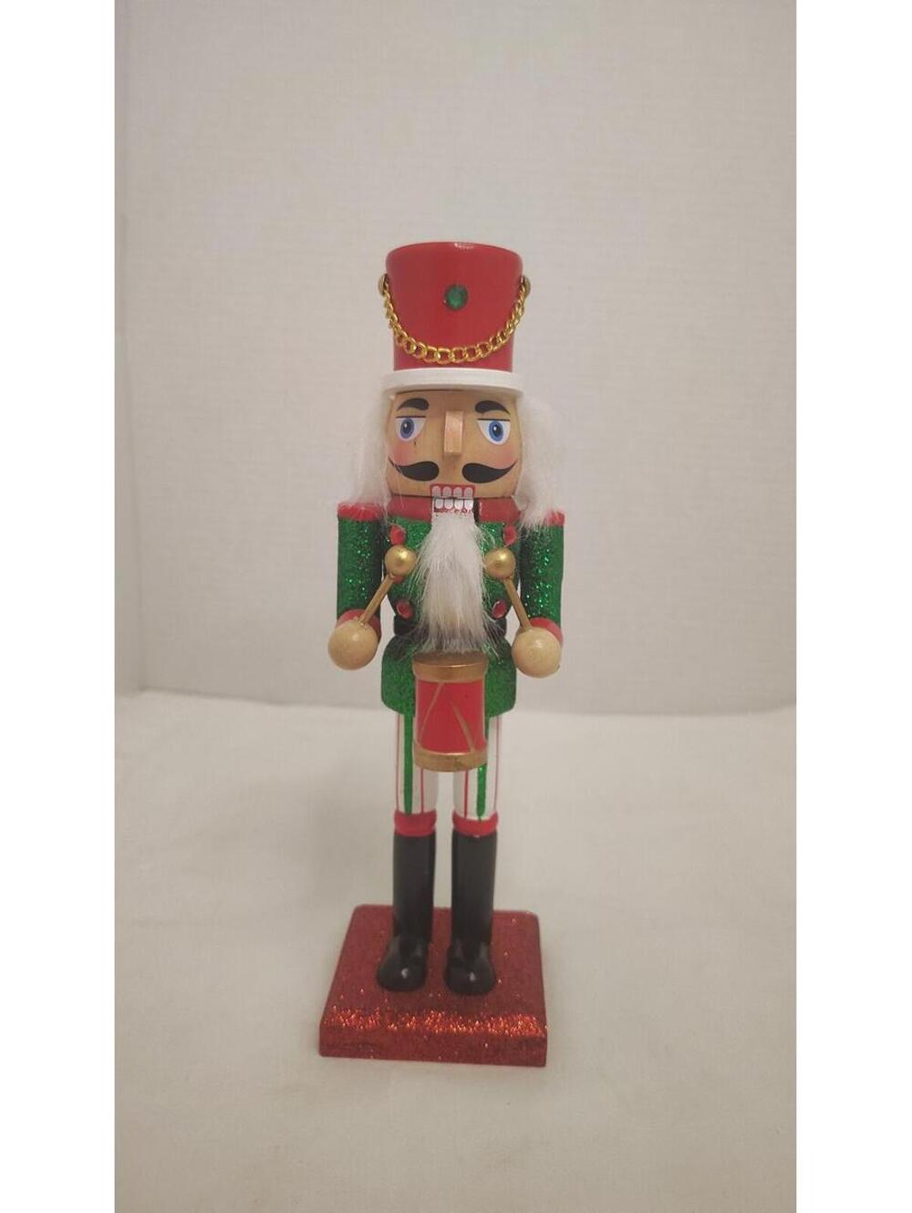 Christmas Nutcracker Soldier 11” Wooden Glitter Green Red Drum Decor